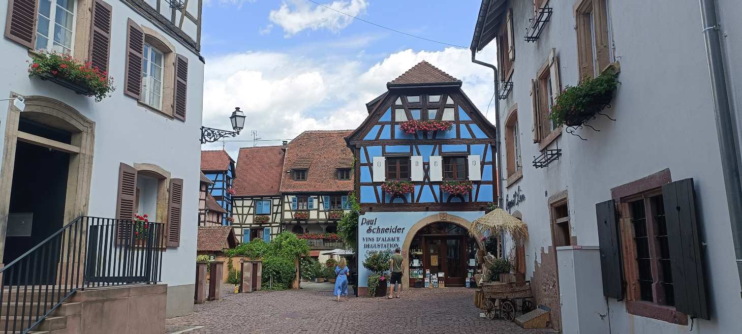 Las casas con entramado de madera son una de las imágenes más típicas que ver en Eguisheim (y en Alsacia en general).