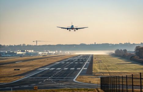 Vuelo desviado por condiciones meteorológicas adversas: avión intentando aterrizar con fuerte viento en la pista.