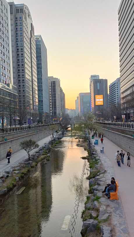 Arroyo Cheonggyecheon al atardecer, uno de los lugares que ver en Seúl en 3 días.